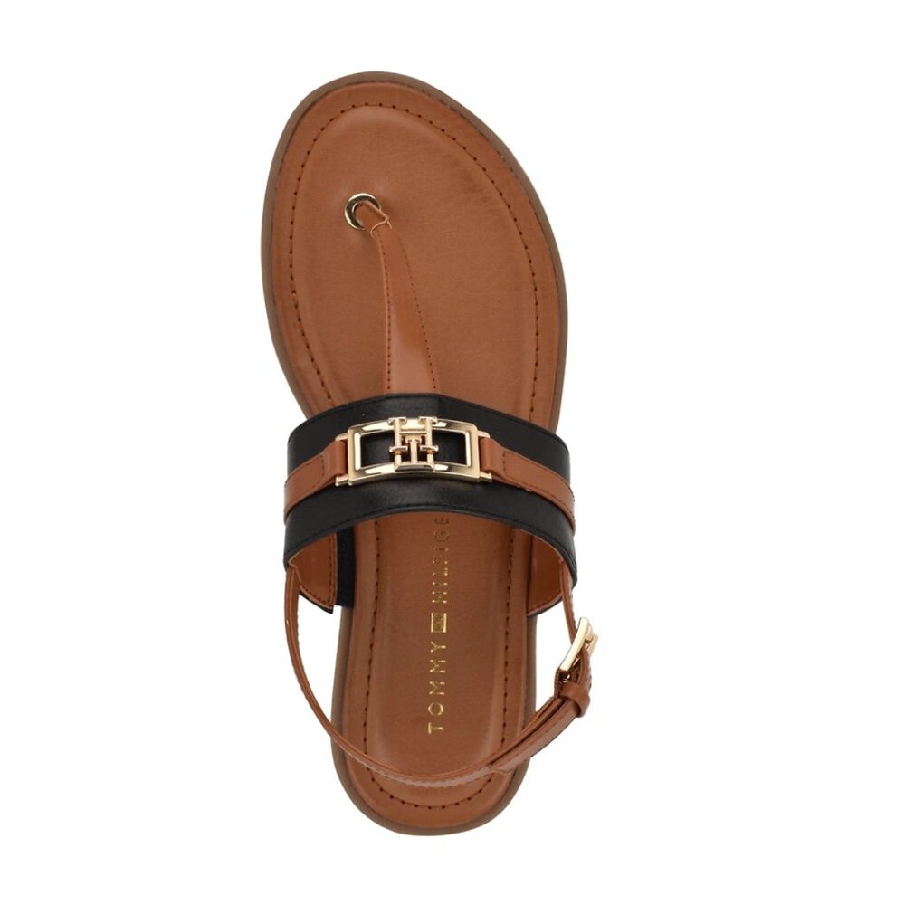 Tommy Hilfiger Carree T-Strap Flat Sandals Black Brown - Size 7.5